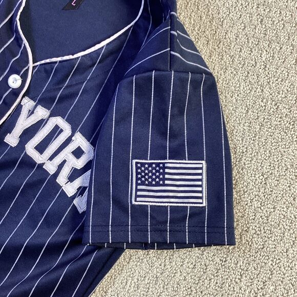 Womens New York Pinstripe Baseball Jersey Shirt Blue White Size L - Picture 3 of 6